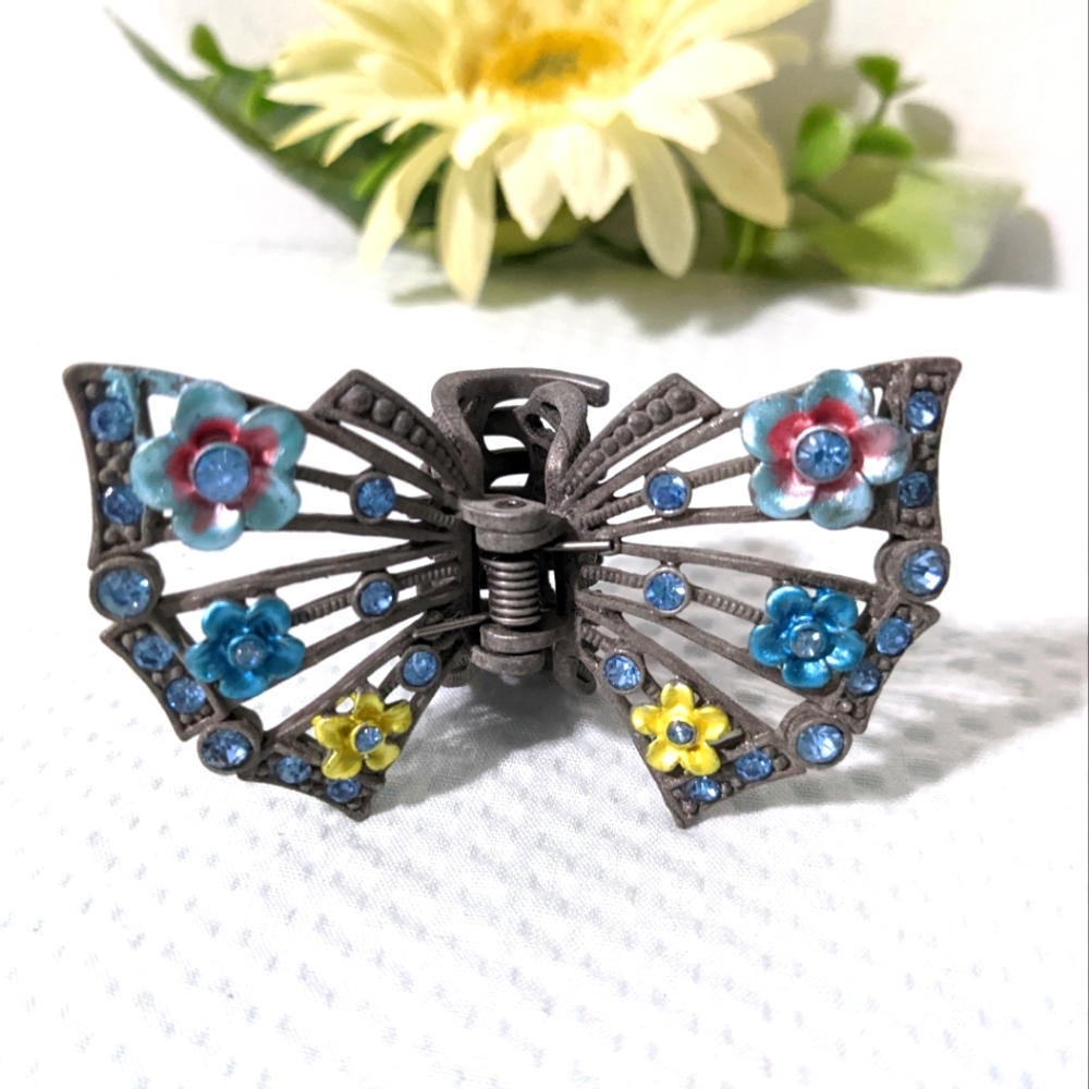 🦋 Hair Clip Jeweled Butterfly Flower Metal Vintage Cottagecore